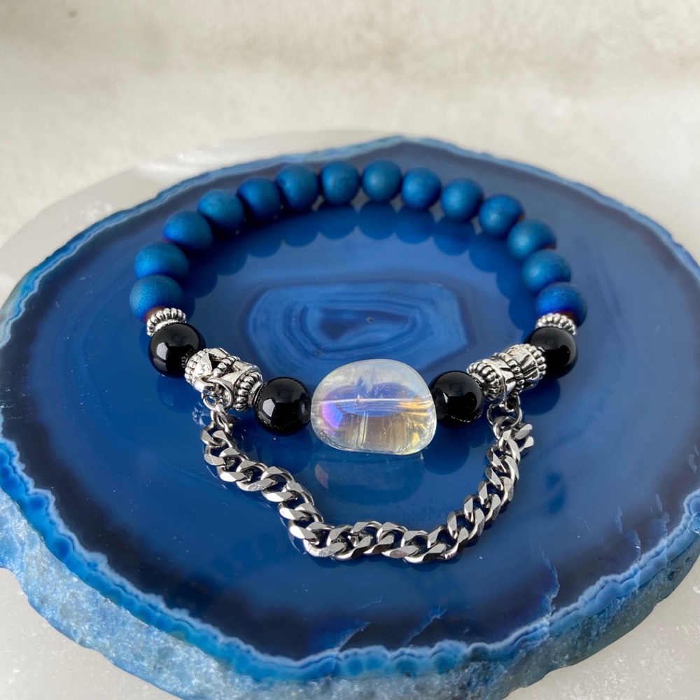 Aura crystal + blue druzy quartz & onyx + chain - Picture 10 of 12